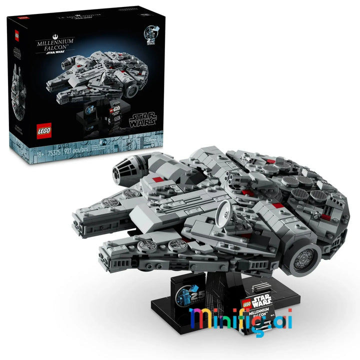 Build iconic LEGO Star Wars 75375 Millennium Falcon! Mid-scale model with authentic details, display stand, and 25th anniversary brick. Perfect for adult collectors.